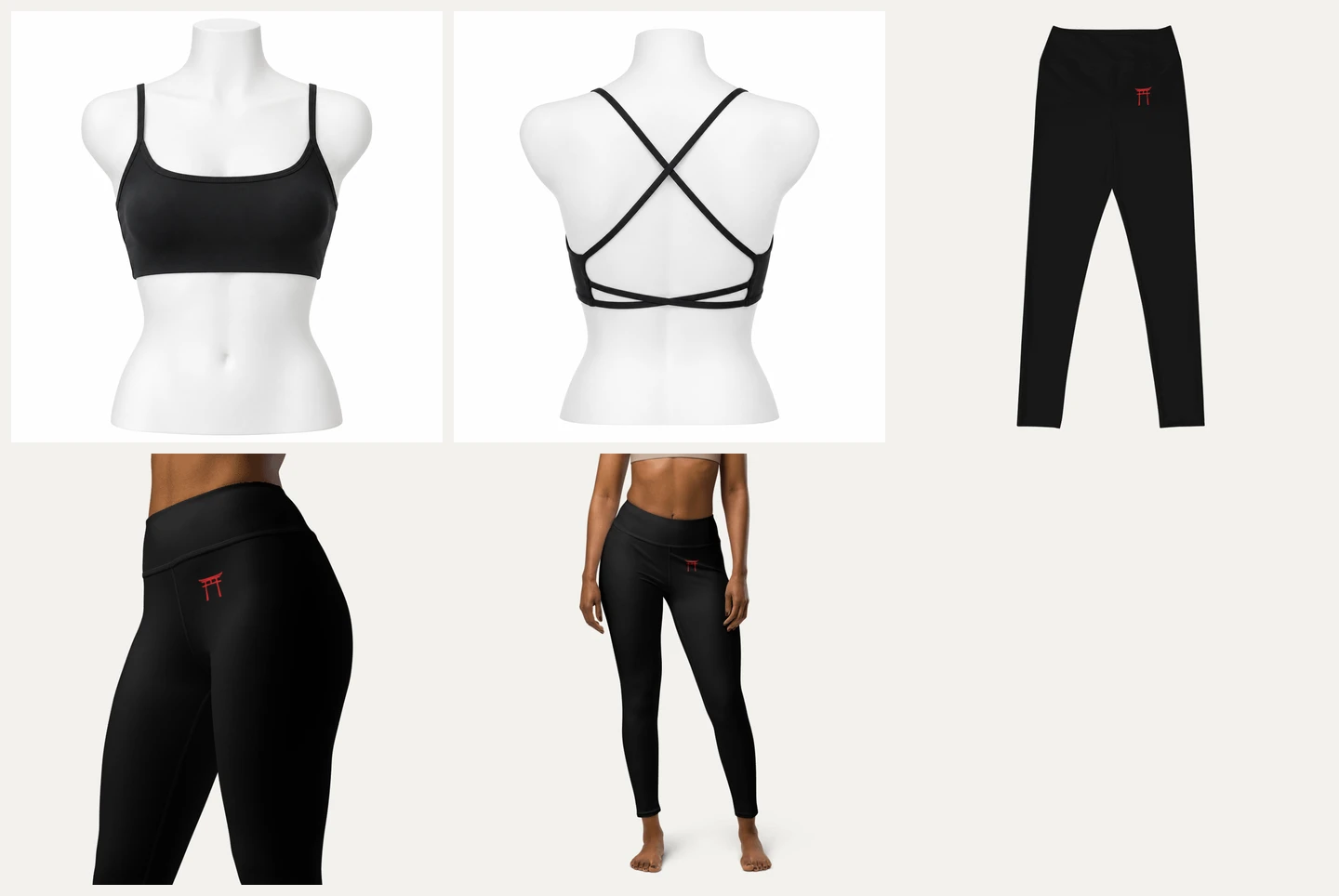 Referências de roupa de Kaori: frente e costas do top em manequim branco e três imagens da legging.