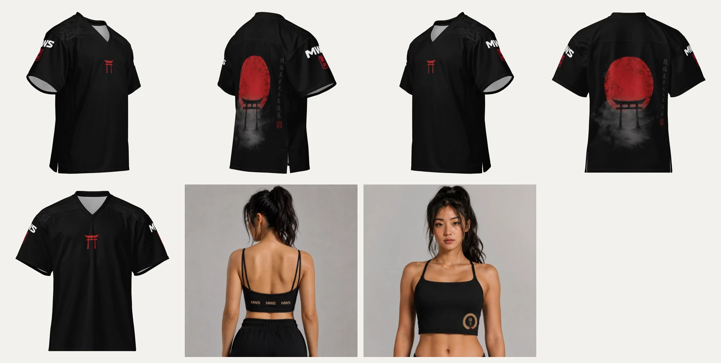 Sete imagens de roupa utilizadas no vídeo de Kiara: cinco vistas da jersey e duas do top.