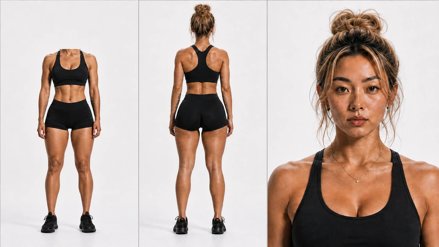 Prancha de Sayuri utilizada na geração: corpo de frente, costas e retrato, com roupa preta neutra.
